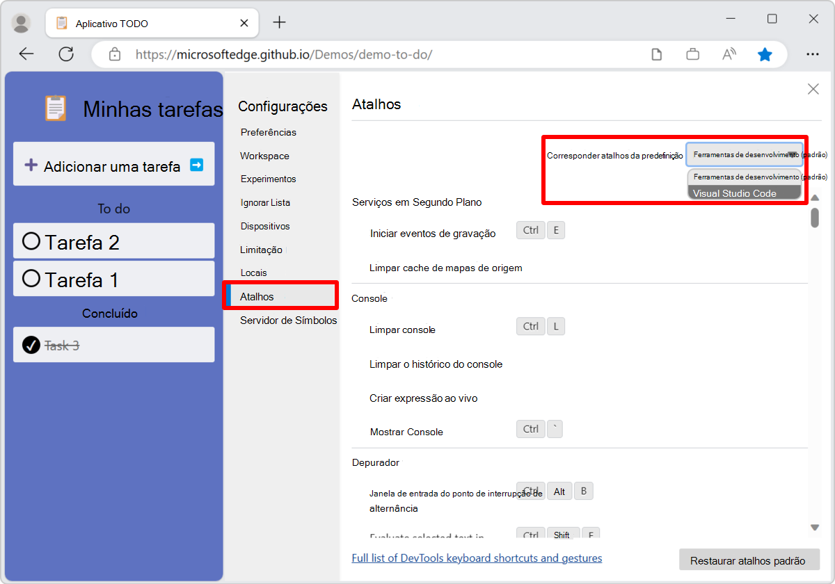 Atalhos de teclado correspondentes em DevTools para Visual Studio Code