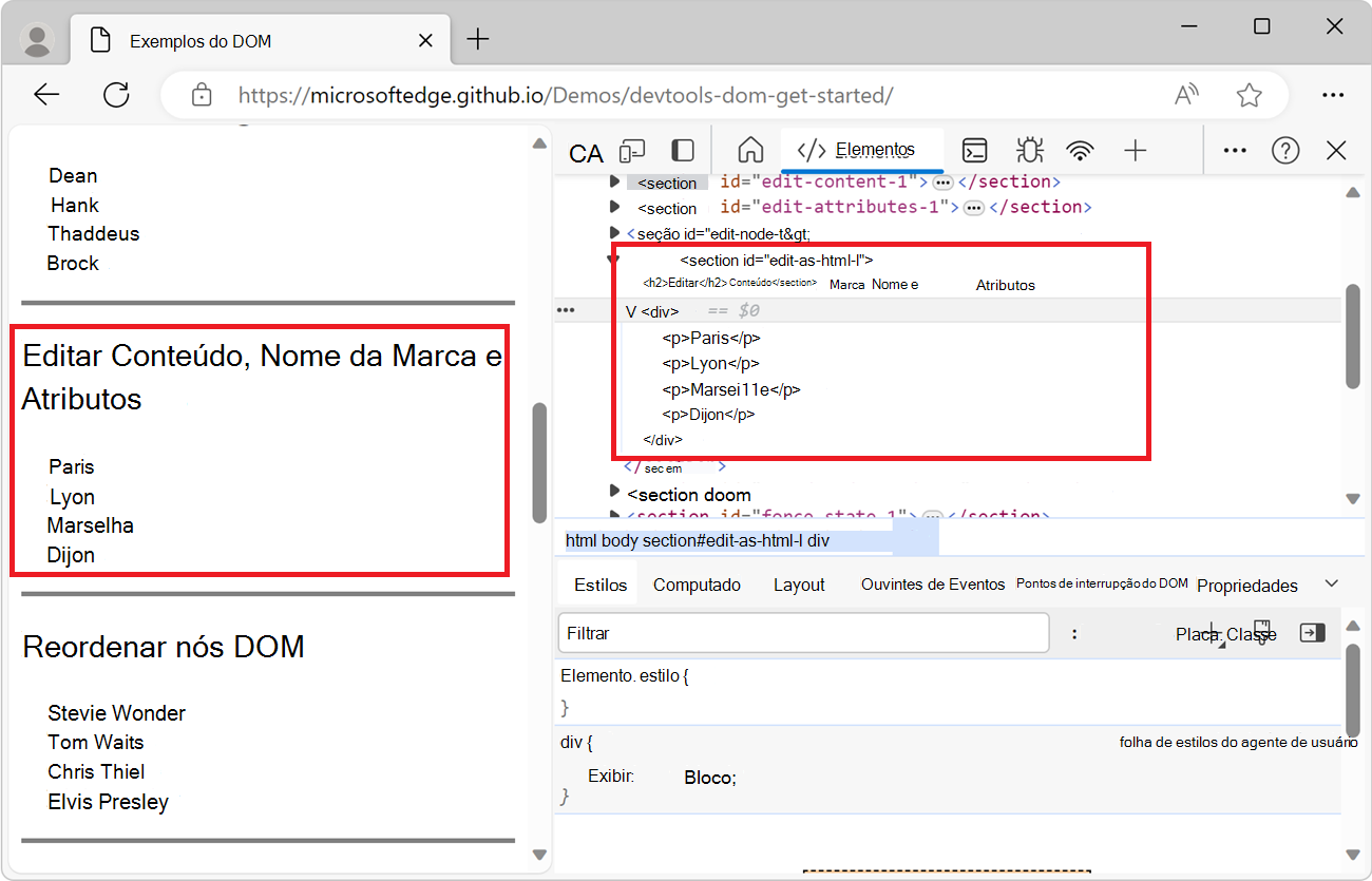 A nova árvore DOM, com um nó extra, depois que o editor HTML fechou