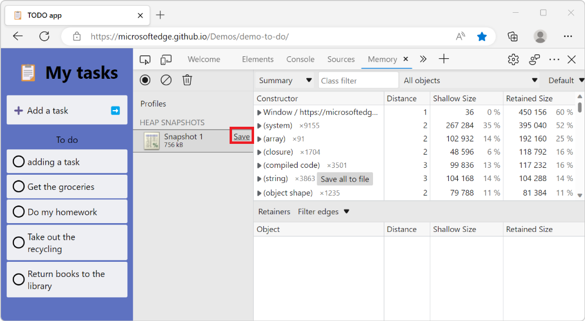 Microsoft Edge com DevTools, mostrando a ferramenta Memória, com o botão Salvar