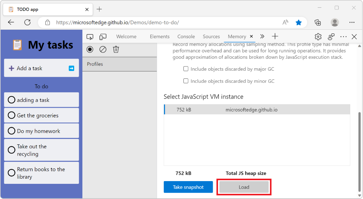 Microsoft Edge, mostrando a ferramenta Memória em DevTools, com o botão Carregar