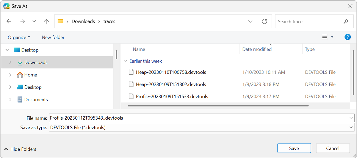 A caixa de diálogo Salvar windows, mostrando o arquivo de rastreamento de desempenho sendo salvo em uma pasta de rastreamentos