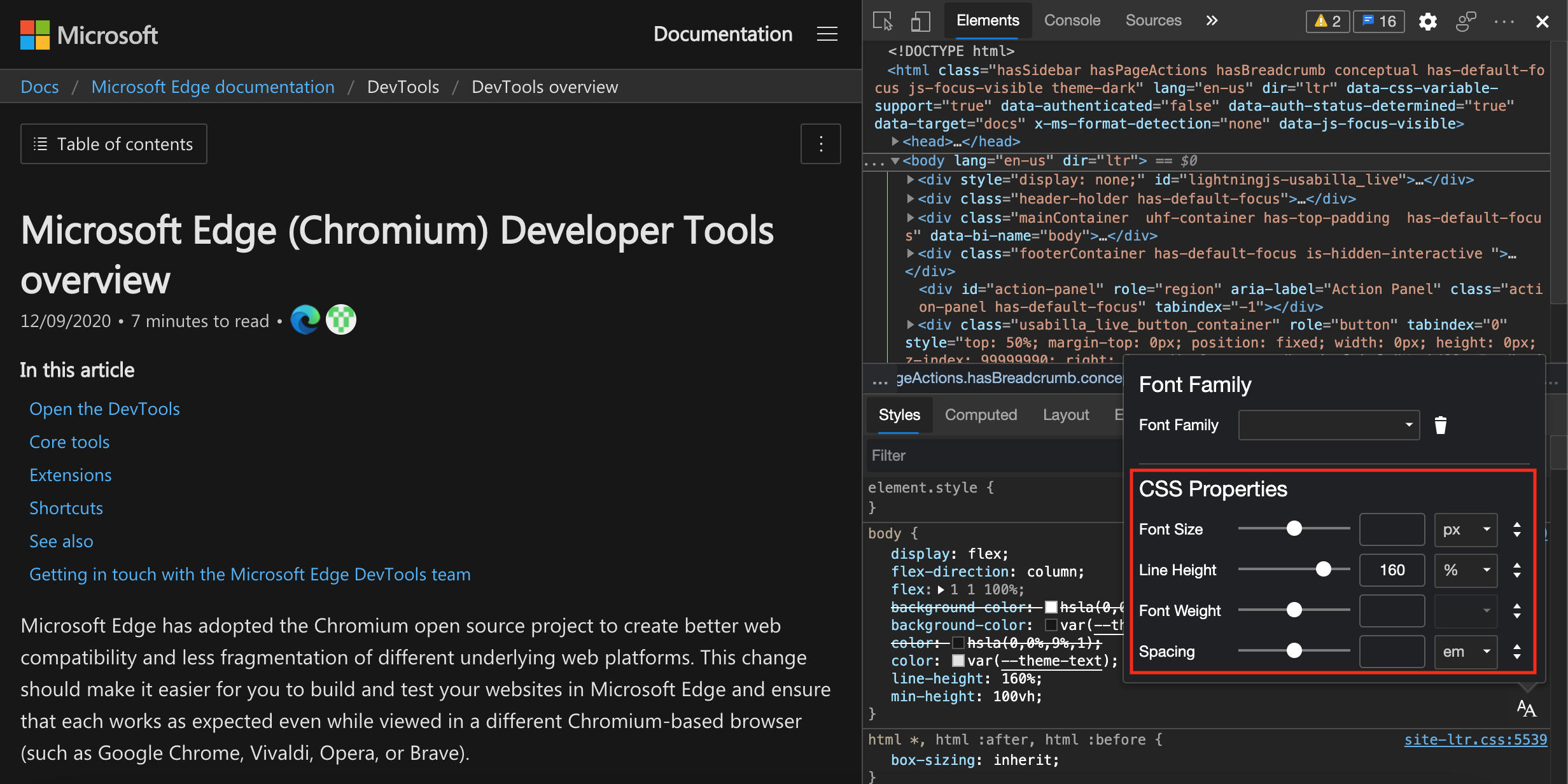 O Editor de Fontes é aberto na parte superior do painel Estilos, com as propriedades CSS realçadas