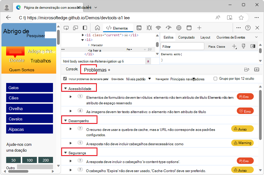 Categorias de problemas na ferramenta Problemas na página de demonstração