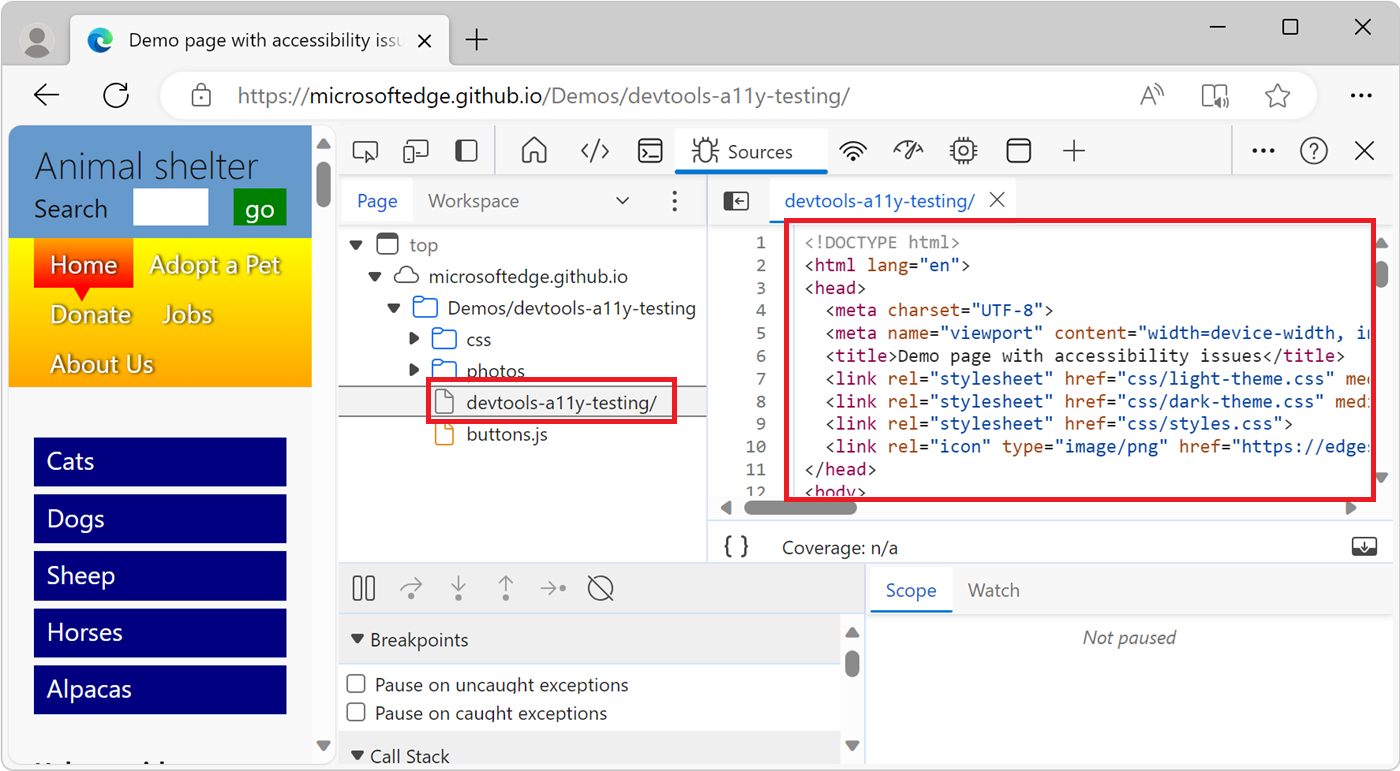 Exibindo um arquivo de recurso no Editor da ferramenta Sources