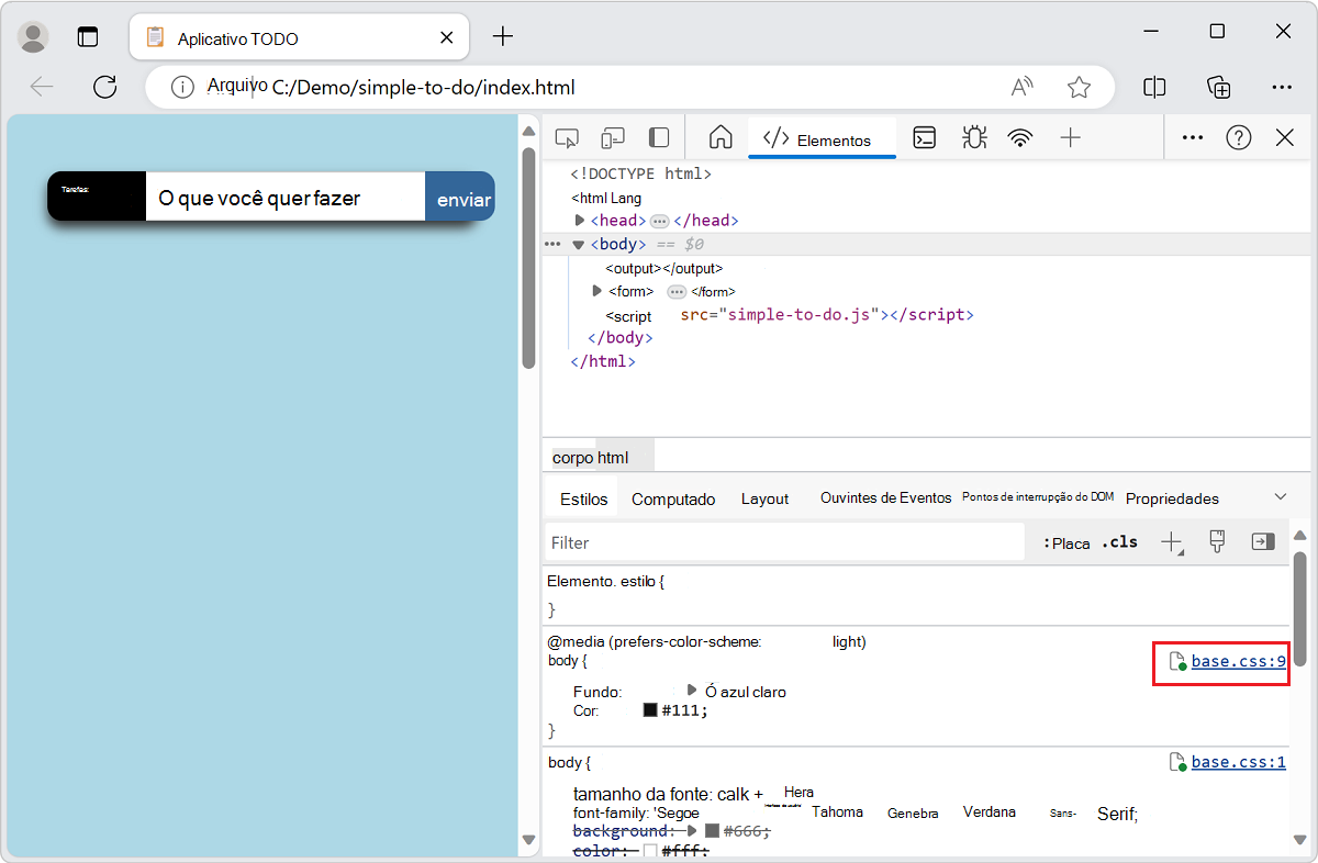 Selecionar um link de arquivo na ferramenta Styles abre o arquivo em Visual Studio Code