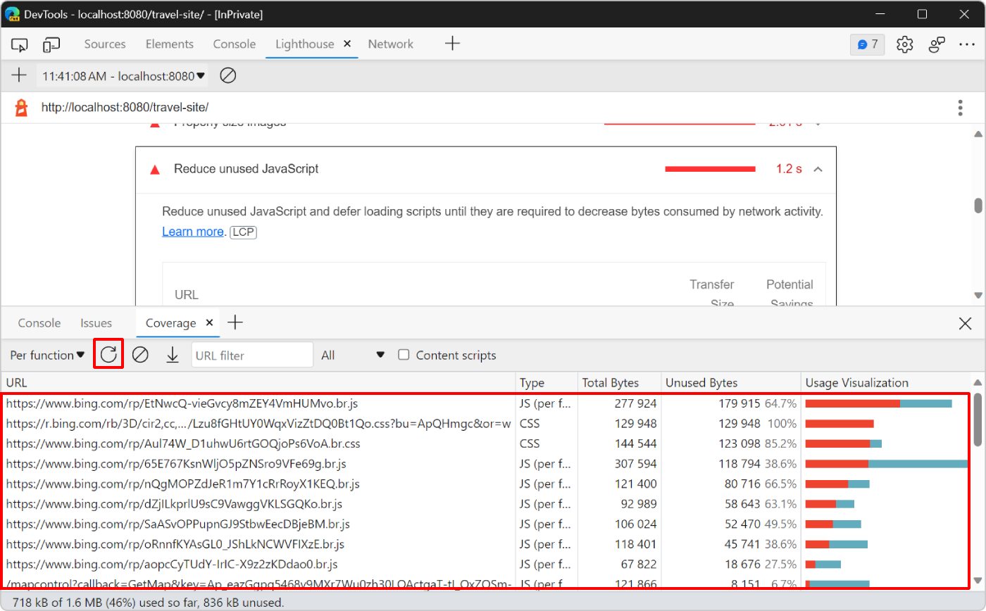 A ferramenta Cobertura no painel Vista Rápida na parte inferior do DevTools, a mostrar o relatório de quanto código não é utilizado