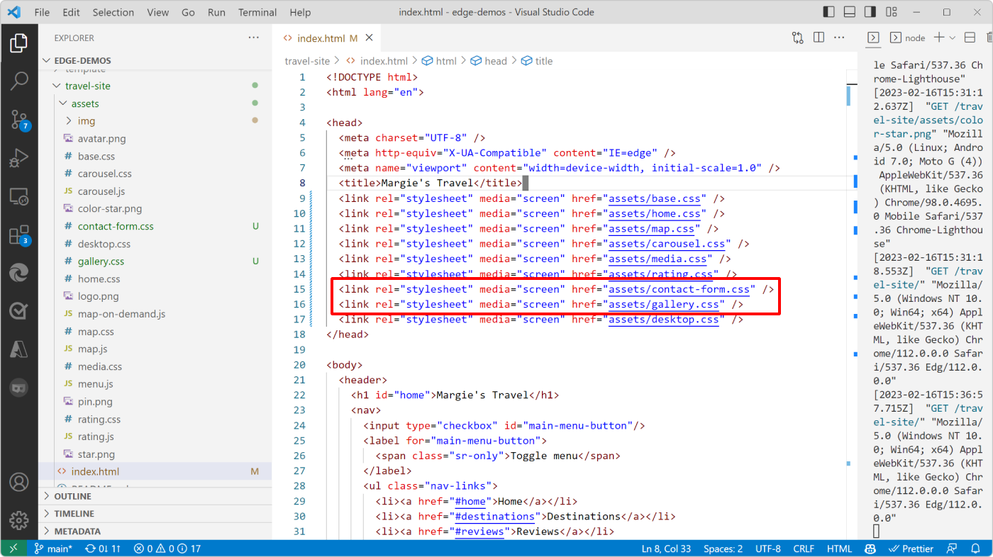 Visual Studio Code, com o index.html aberto, a mostrar onde estão as duas etiquetas de ligação