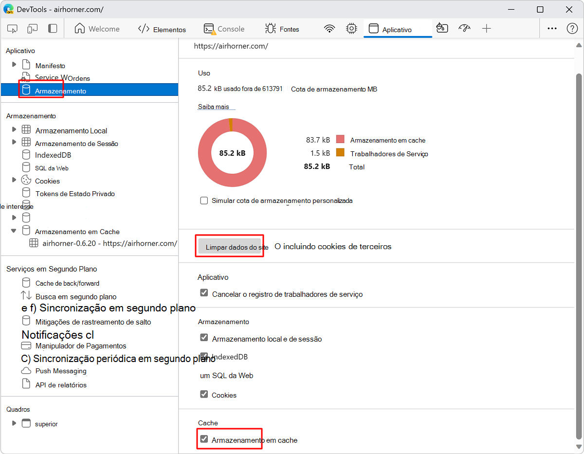 O botão 'Limpar dados do site'