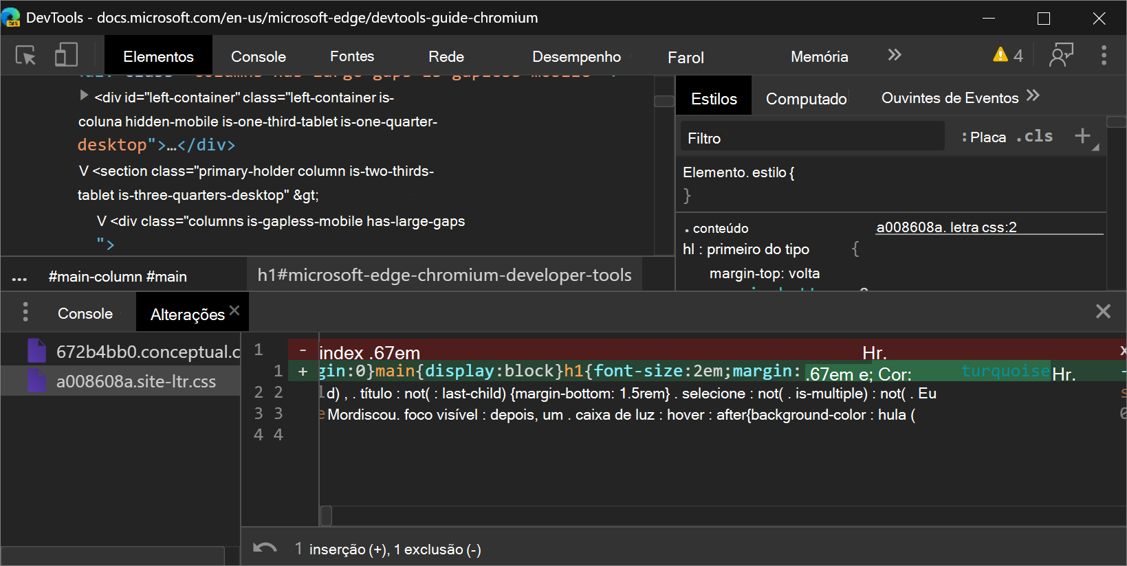 No Microsoft Edge 83, você pode rolar horizontalmente com as teclas de seta para exibir seu código extraído na ferramenta Alterações