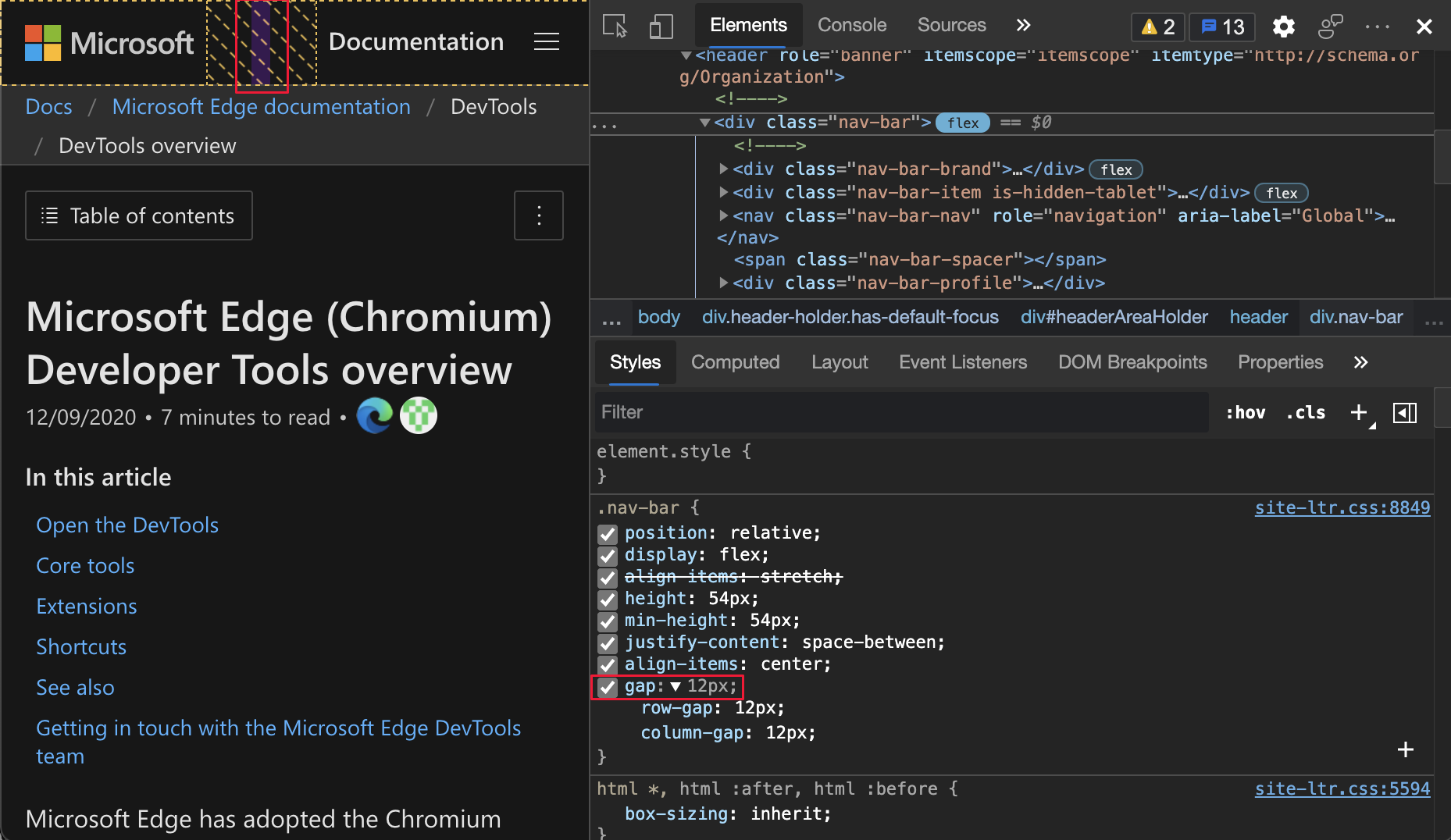 Lacuna de flexbox em propriedades do CSS e página da Web realçada