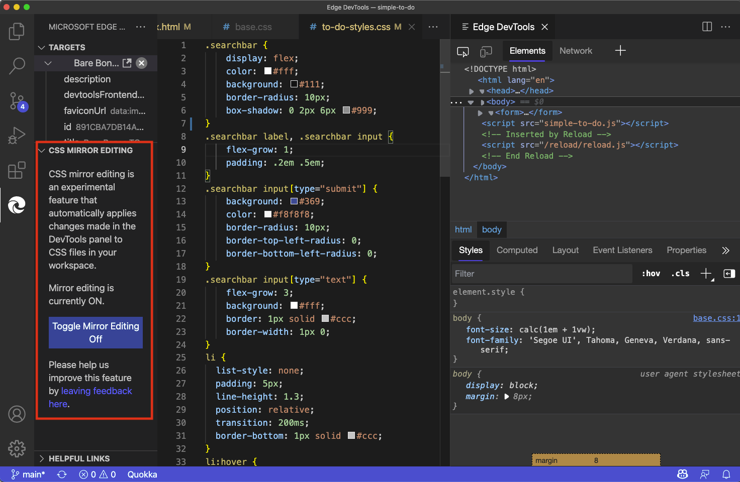 As alterações no editor de Estilos do CSS agora aparecem em seus arquivos CSS dentro de Visual Studio Code