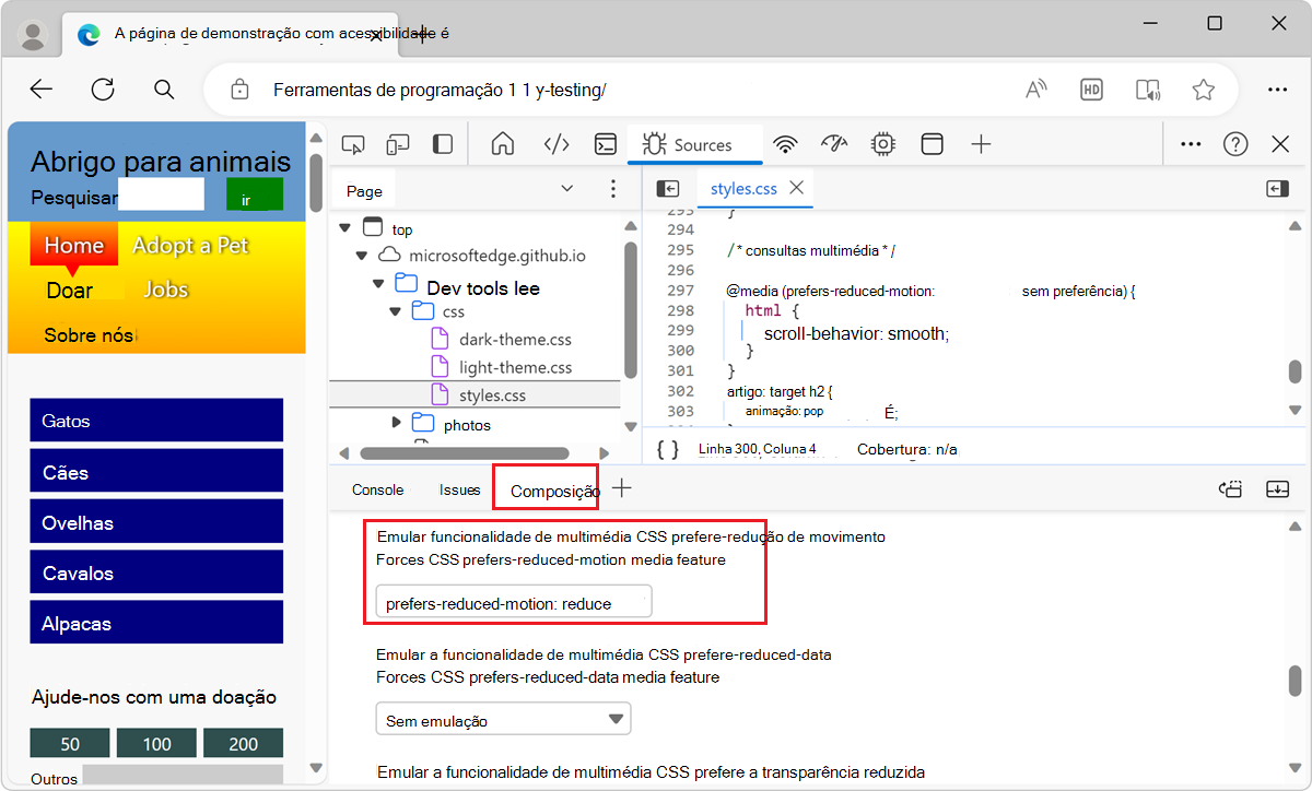 Simular o movimento reduzido e o CSS que garante que o deslocamento suave só ocorre quando o utilizador o quer