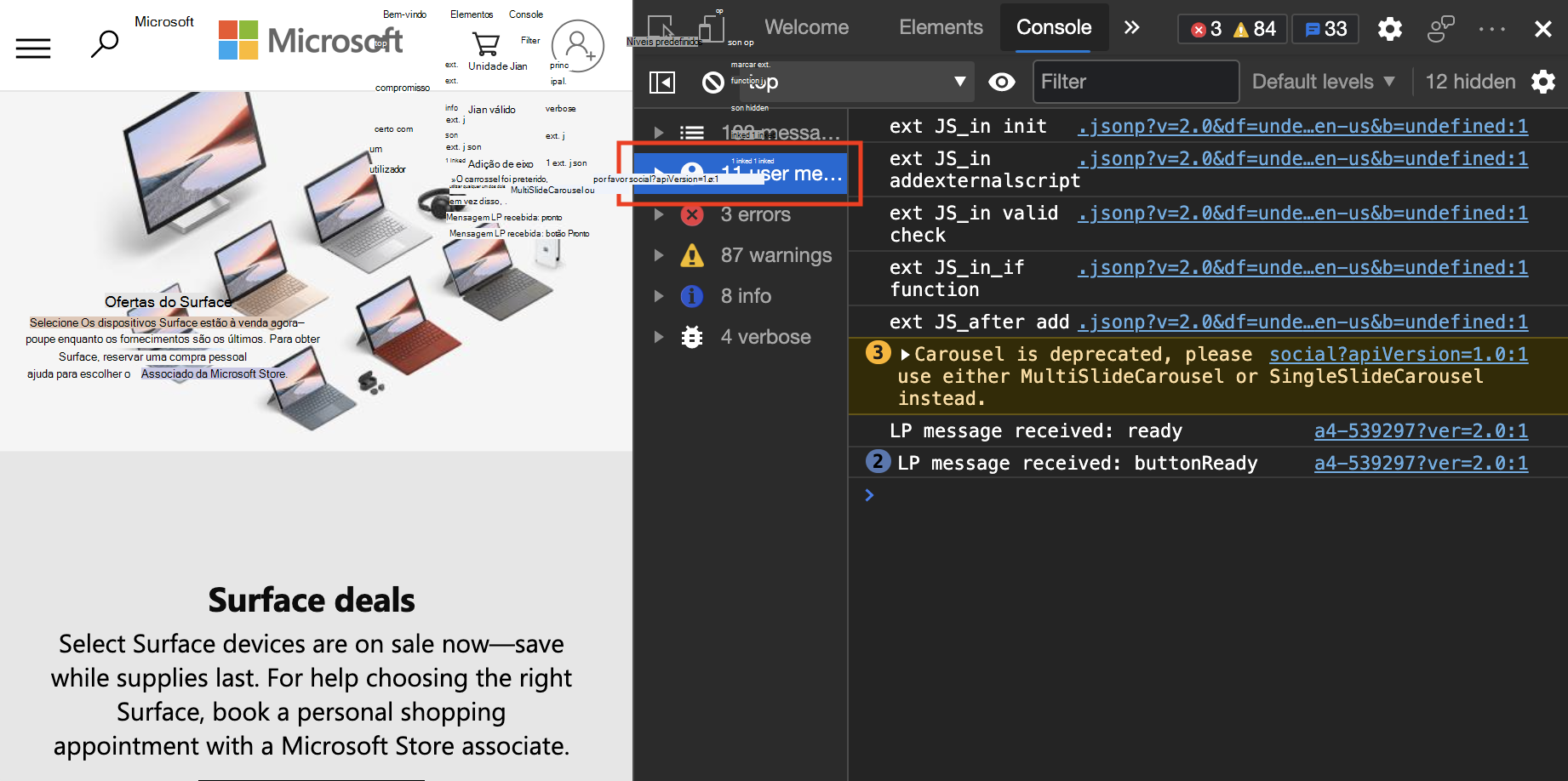 Apresentar apenas mensagens de utilizador na Consola, utilizando o filtro na Barra Lateral