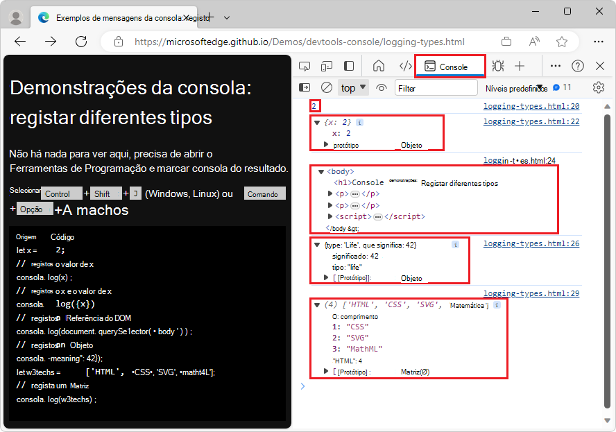 Registar variáveis de diferentes tipos na consola com informações adicionais expandidas