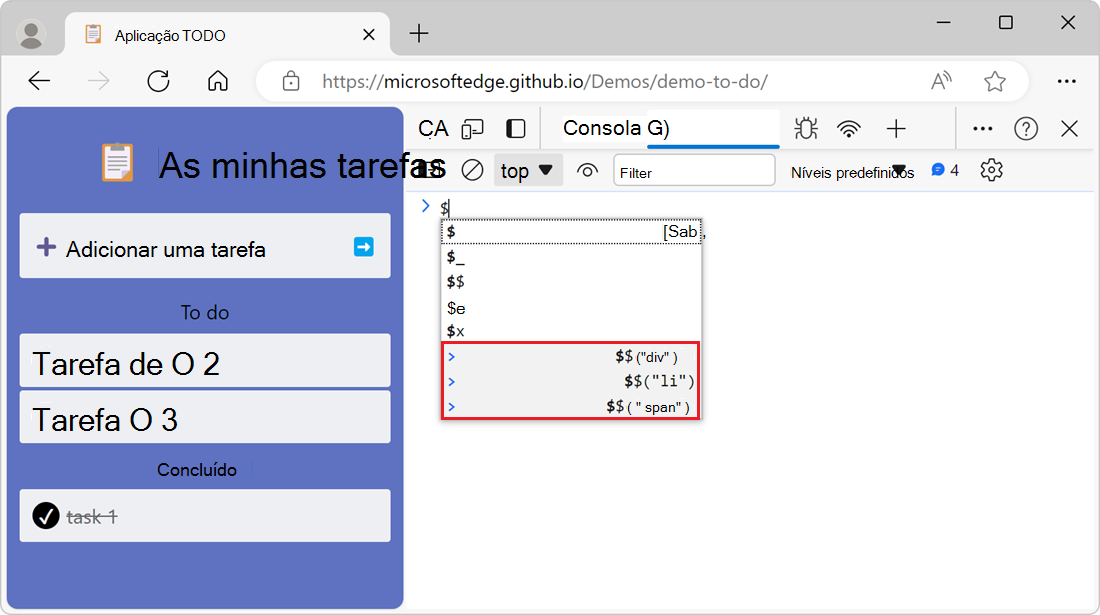 A janela de pop-up de conclusão automática apresenta expressões do histórico