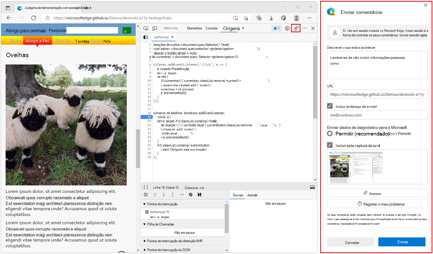 O botão Enviar feedback e a janela Enviar feedback no Microsoft Edge DevTools