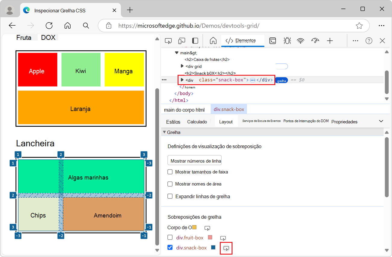 Realçar a grelha na página Web composta