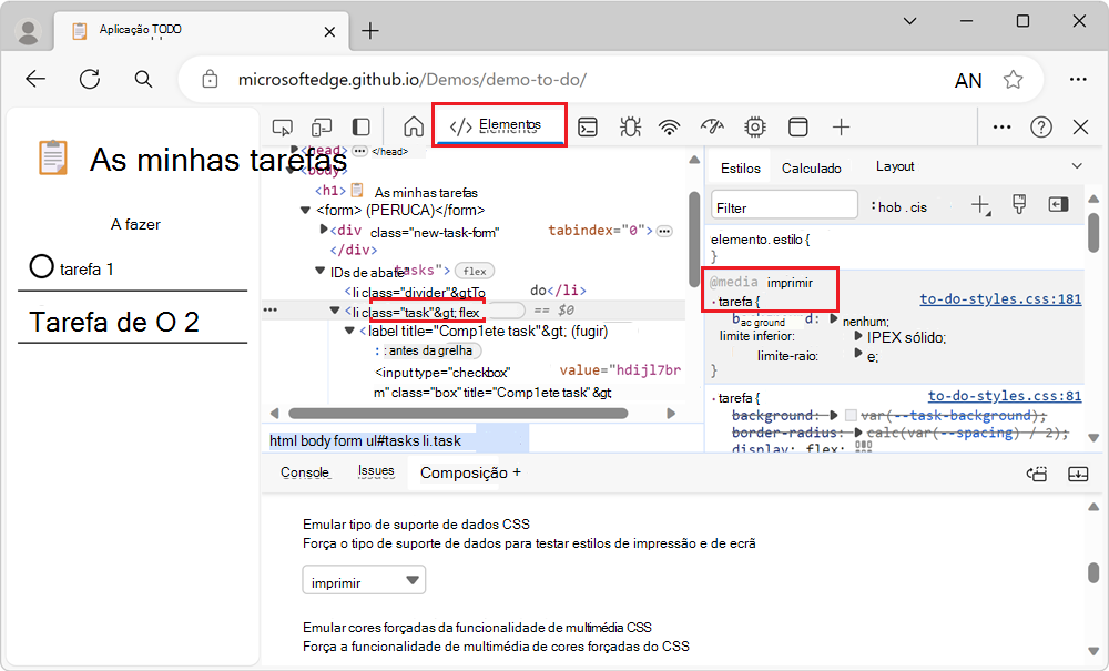 A ferramenta Elementos, inspecionando um elemento na página que é composto com os respetivos estilos de impressão