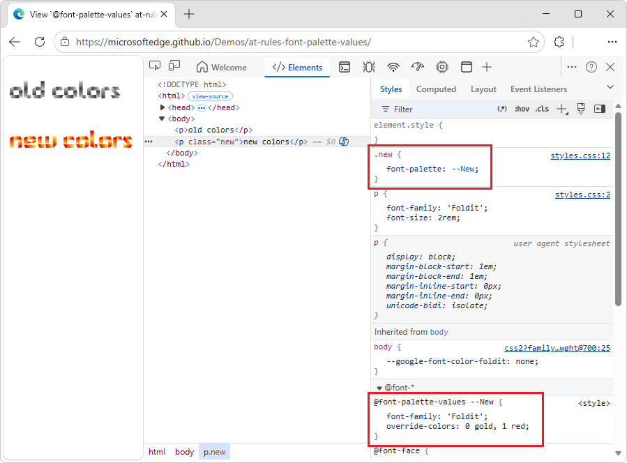 A regra at-font-palette-values no separador Estilos