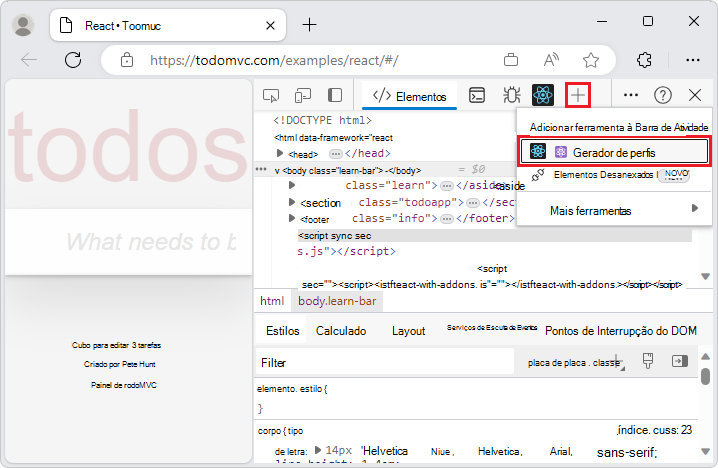 Botão Mais ferramentas em DevTools para adicionar ferramentas à Barra de Atividade