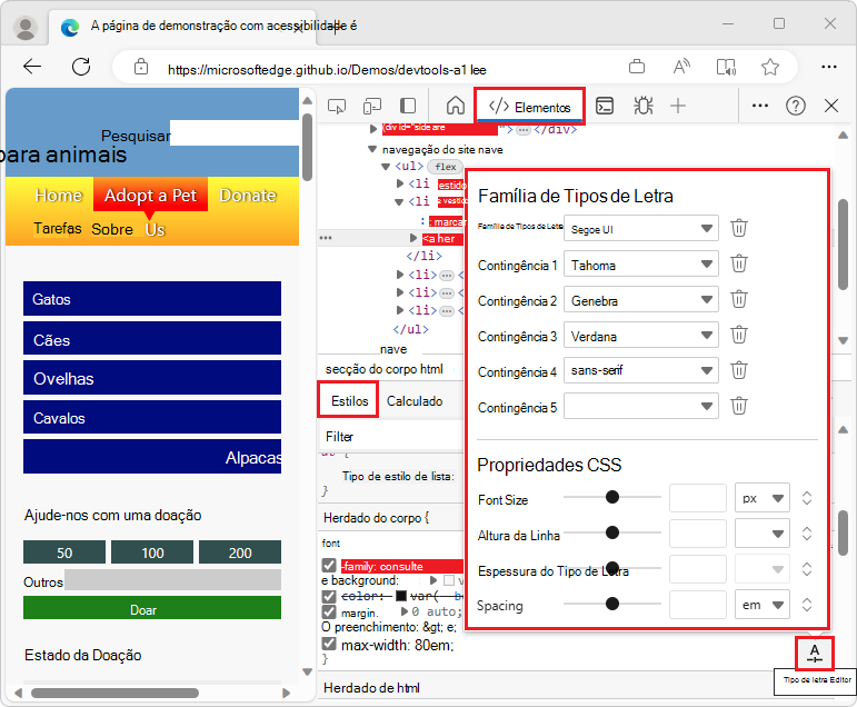 O painel Visual Font Editor está realçado