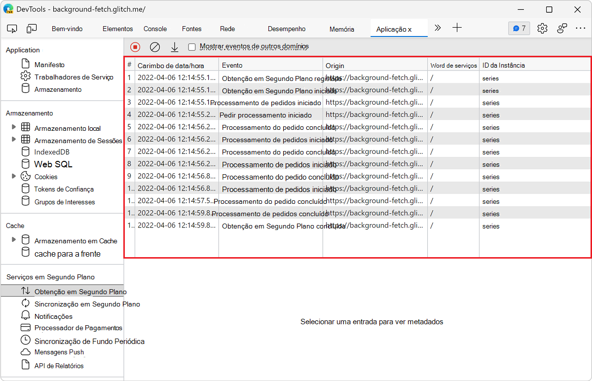 Um registo de eventos no painel Obtenção em Segundo Plano