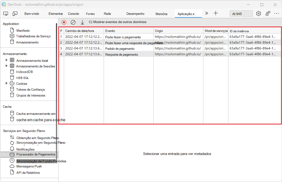 Um registo de eventos no painel Processador de Pagamentos
