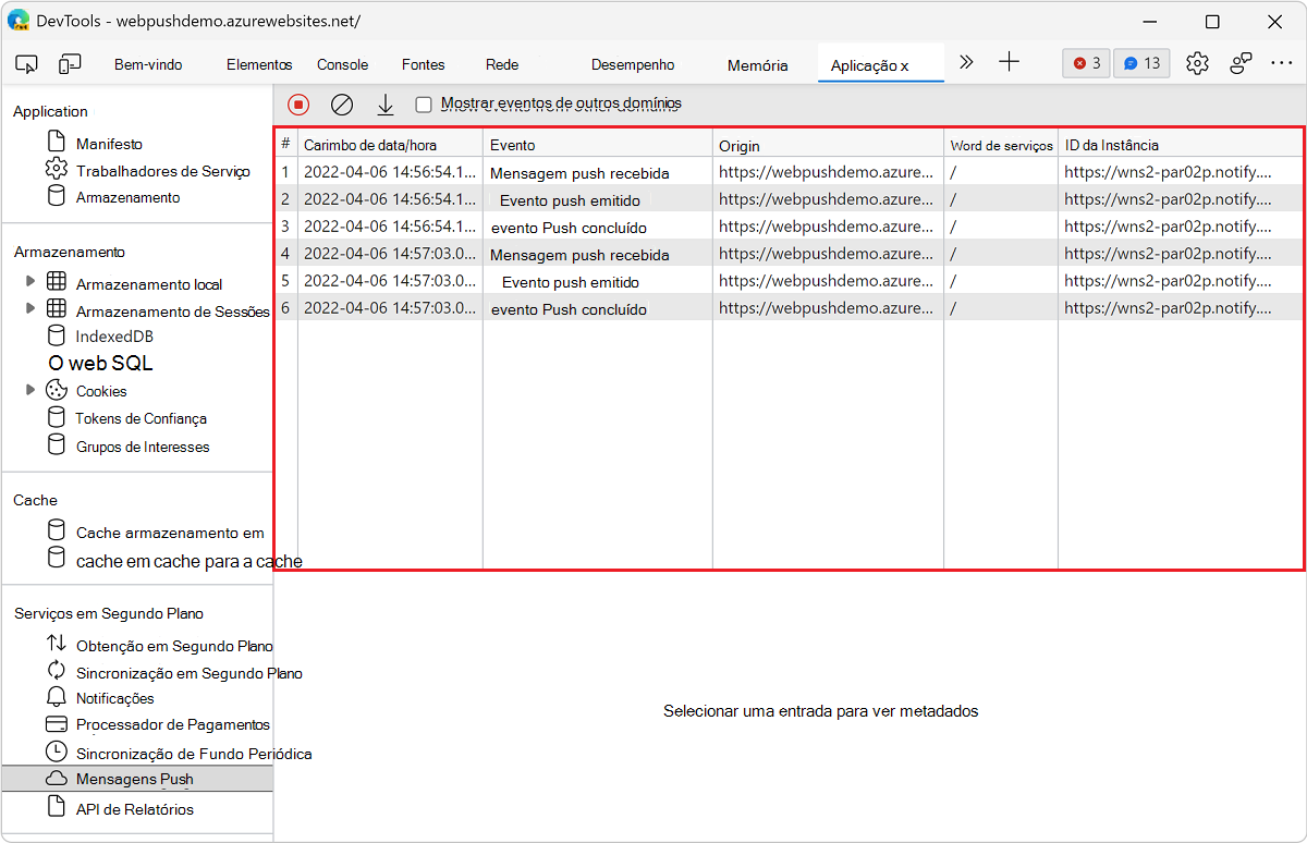 Um registo de eventos no painel Mensagens Push