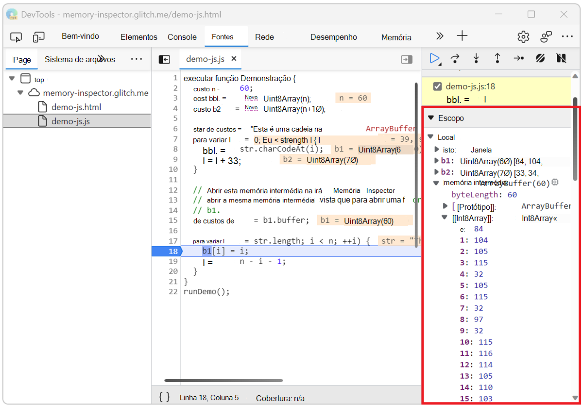 O painel de âmbito da ferramenta Origens proporciona uma capacidade limitada para inspecionar a memória
