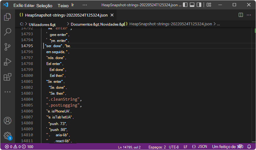 Cadeias da área dinâmica para dados snapshot, no ficheiro JSON