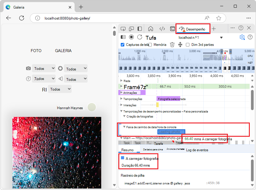 Uma faixa personalizada com entradas personalizadas adicionadas com a API console.timeStamp