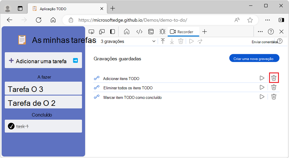 A lista de gravações e o botão 