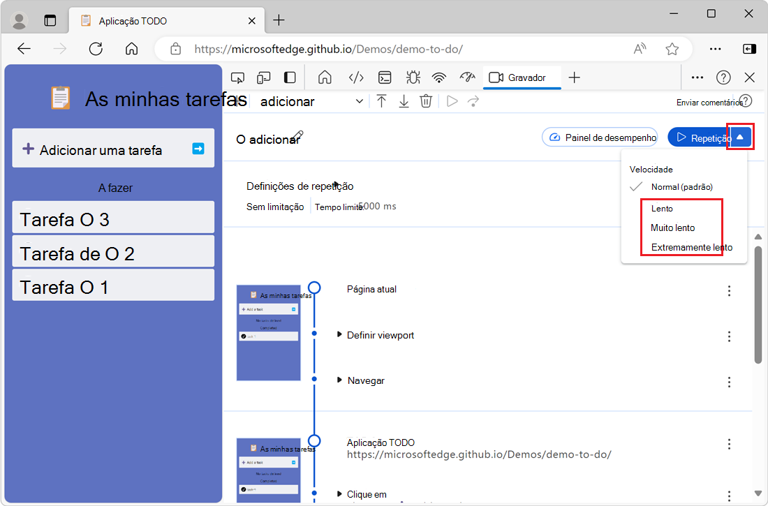 O botão Repetição e o menu pendente Velocidade
