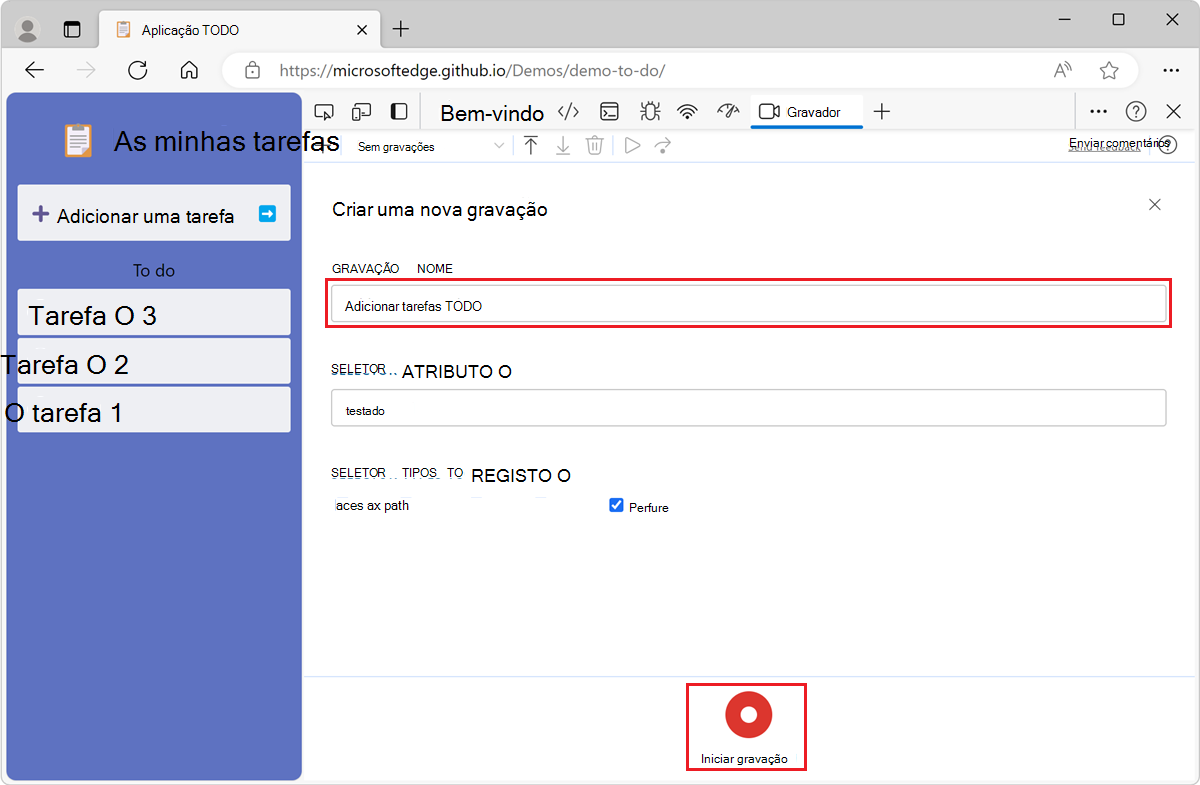 O nome da gravação e o botão iniciar gravação