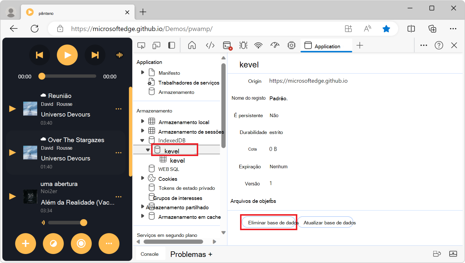 O botão Eliminar base de dados