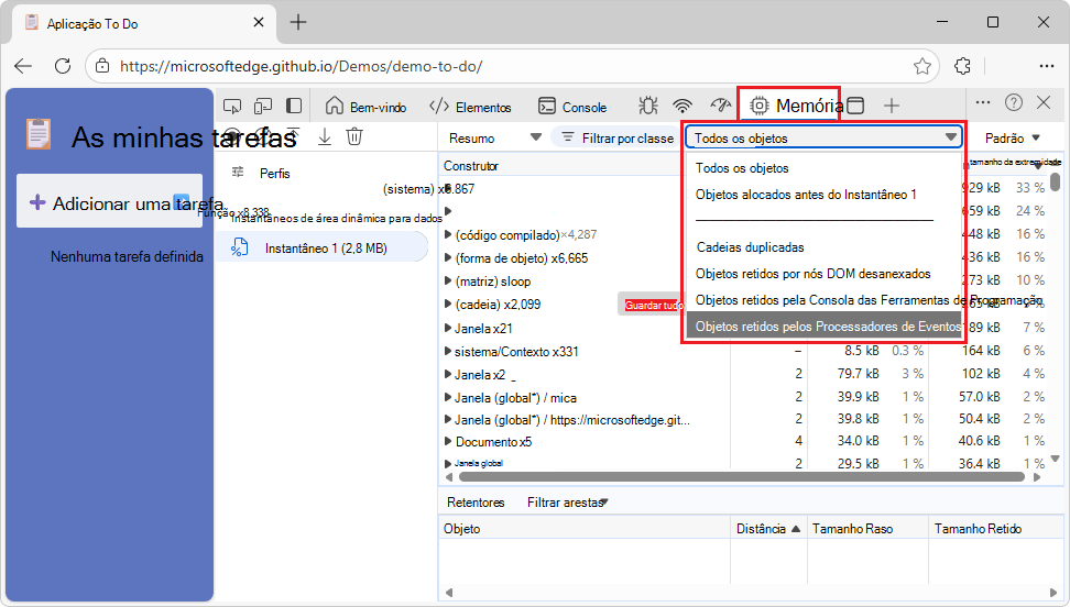 Objetos retidos pelo filtro de processadores de eventos