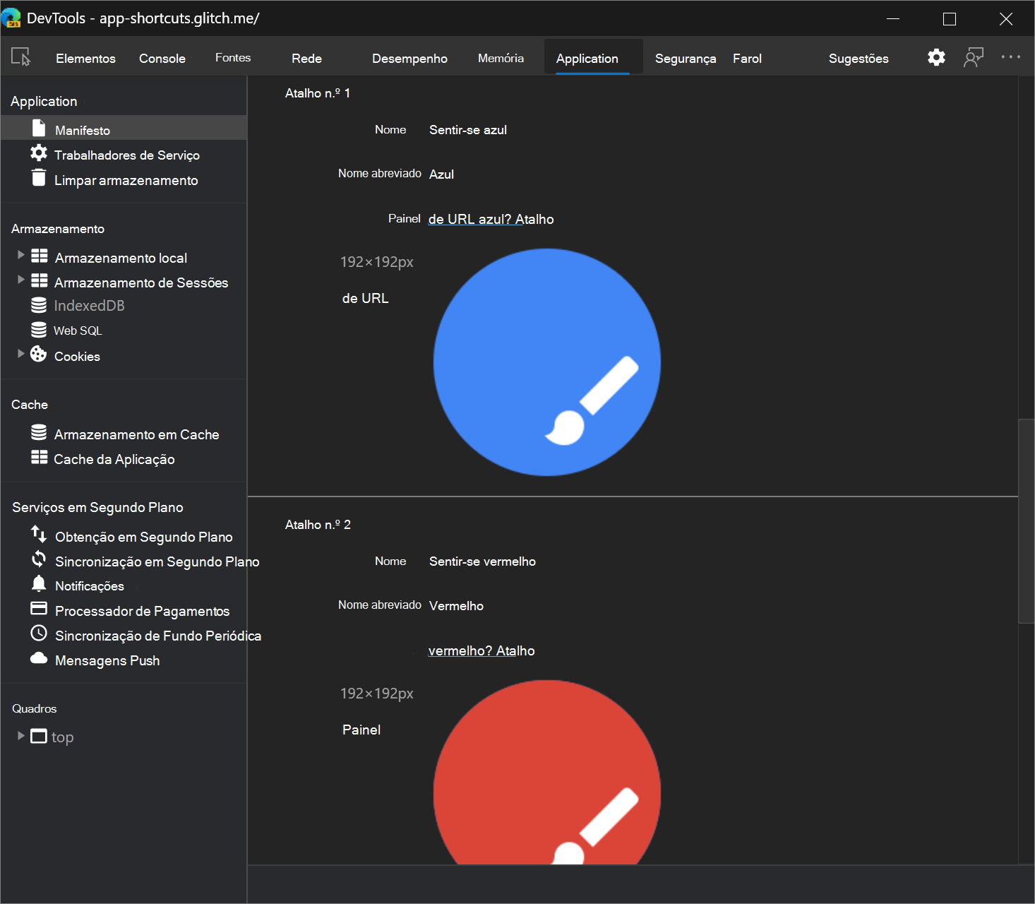 Atalhos de aplicação no painel Manifesto da ferramenta Aplicação