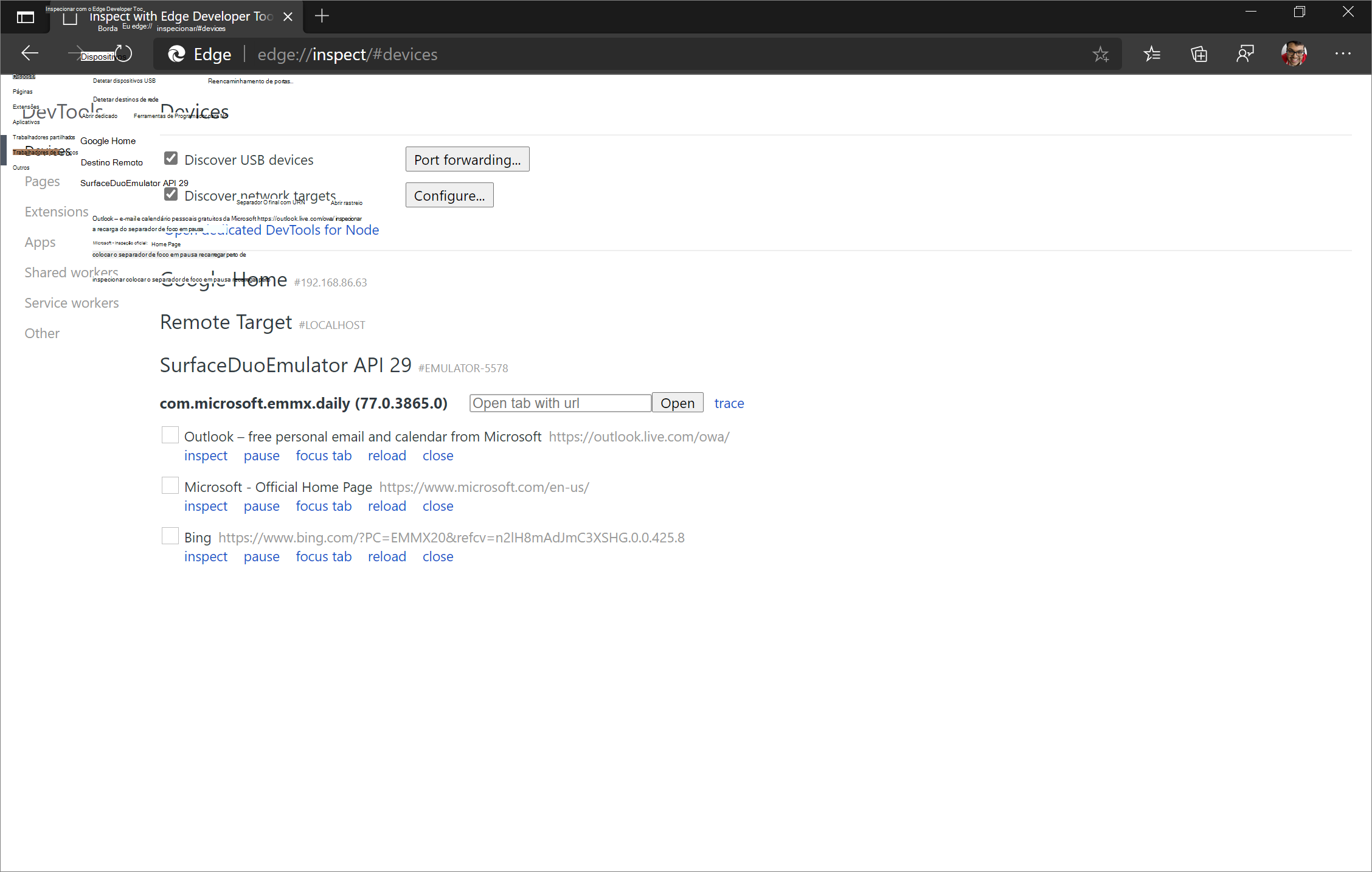 A página edge://inspect apresenta uma lista dos separadores abertos na aplicação Microsoft Edge em execução no emulador