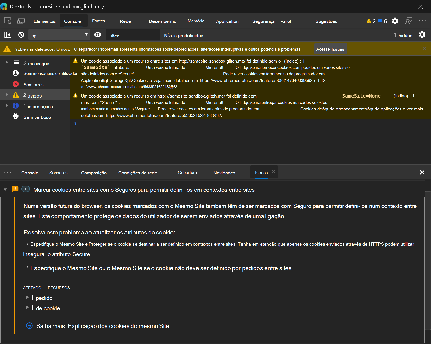 A ferramenta Problemas na Gaveta de DevTools