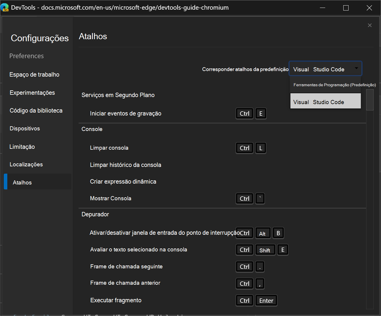 Corresponder atalhos de teclado em DevTools a Visual Studio Code