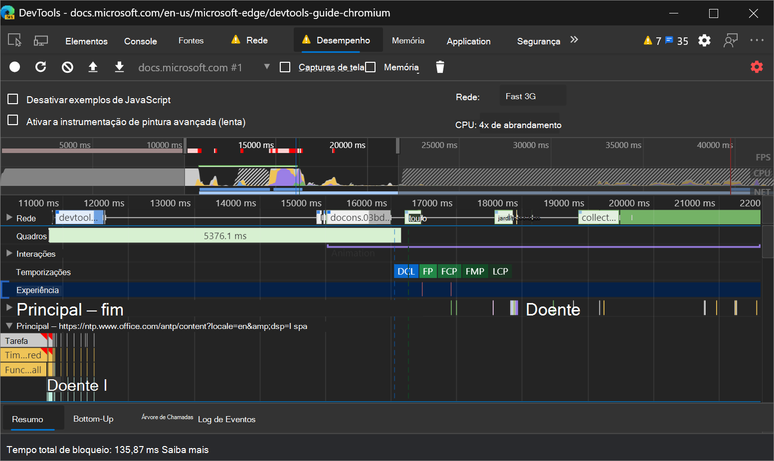 Total blocking time information in the footer of a Performance panel recording