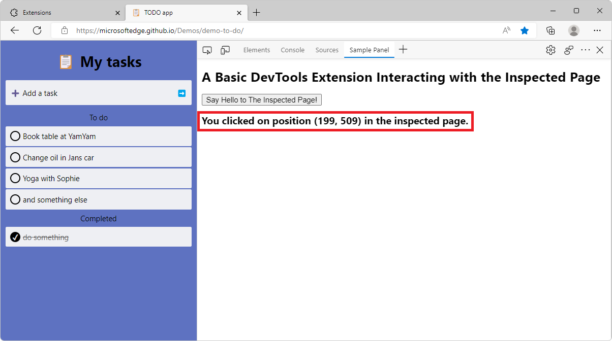 O painel de exemplo em DevTools a mostrar a mensagem de posição clicada