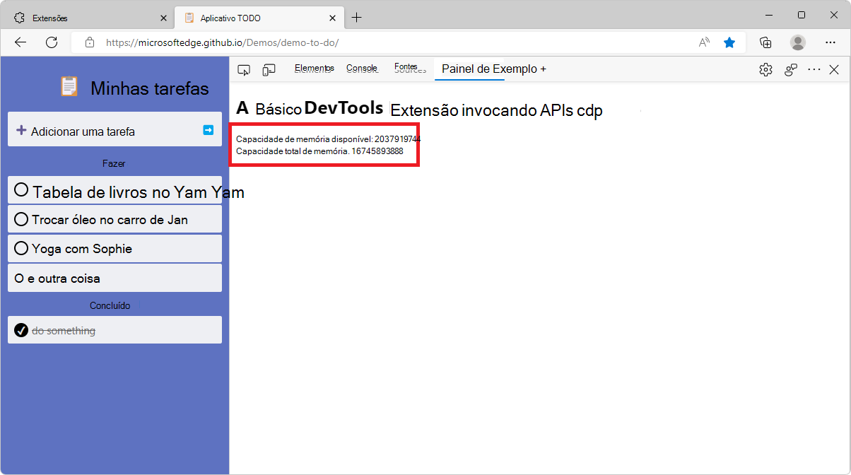 O novo painel de extensões no DevTools a mostrar informações de memória