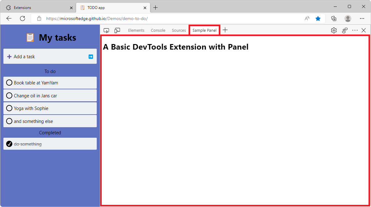 Microsoft Edge, com DevTools na parte lateral, a mostrar o novo painel de extensões