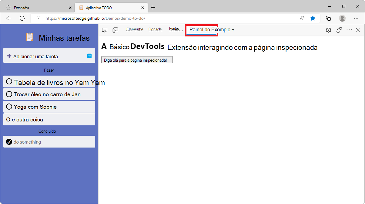 Microsoft Edge, a mostrar DevTools na parte lateral, com o Painel de Exemplo da extensão selecionado