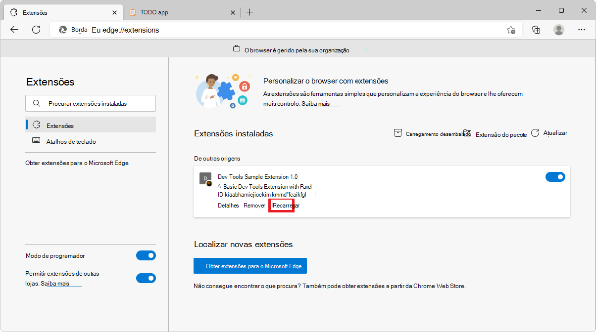 A página de extensões do Microsoft Edge a mostrar onde está o botão Recarregar