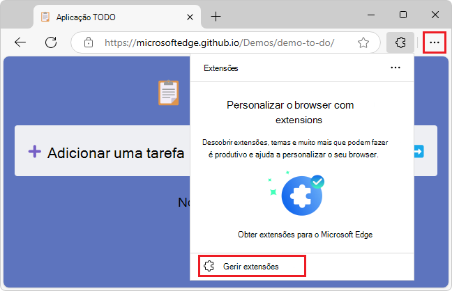 O pop-up Extensions (Extensões) quando não existem extensões instaladas