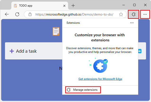 O pop-up Extensões quando não existem extensões instaladas