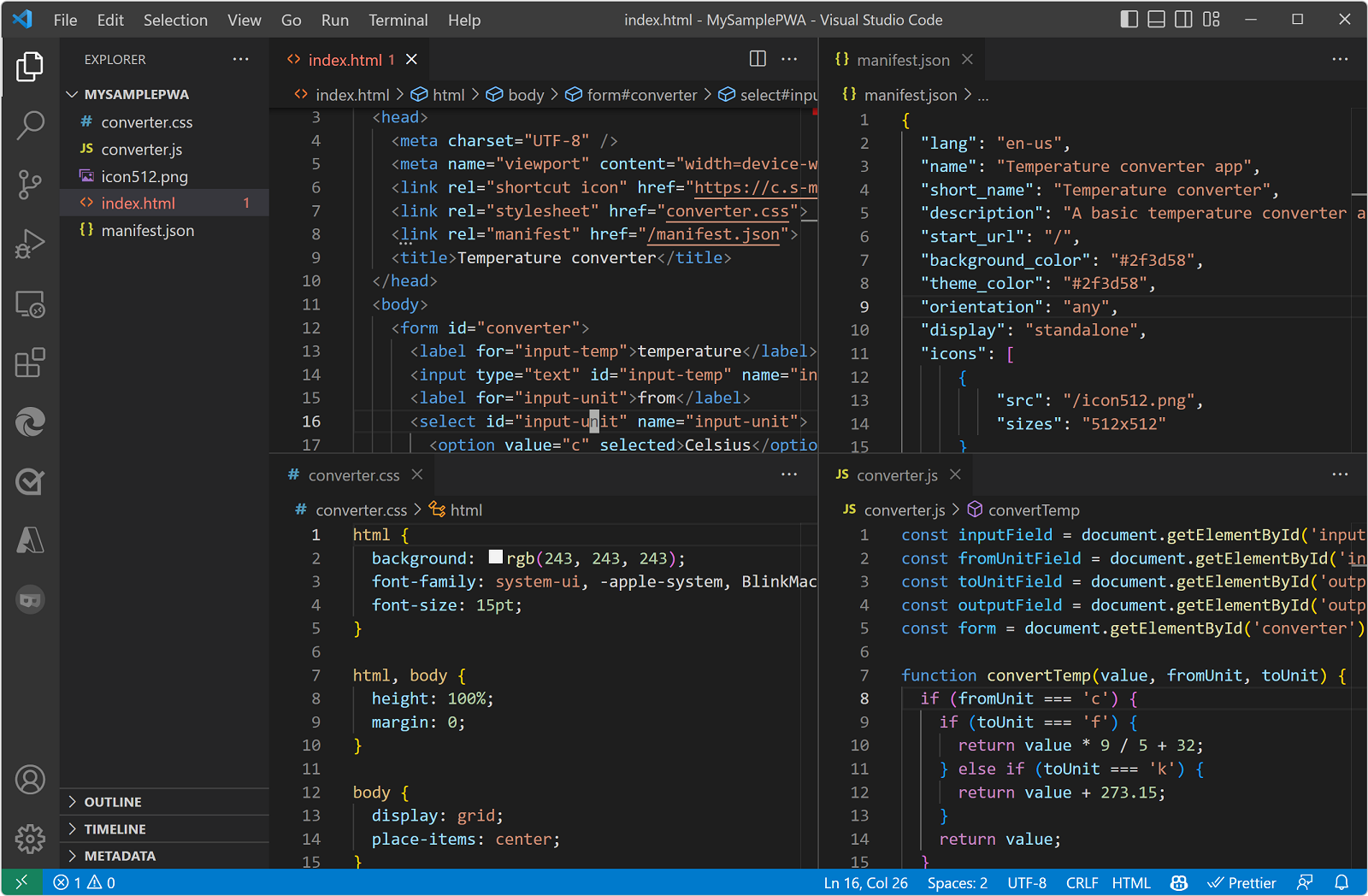 O projeto PWA de exemplo no Visual Studio Code, com os arquivos index.html, converter.js, converter.css e manifest.json