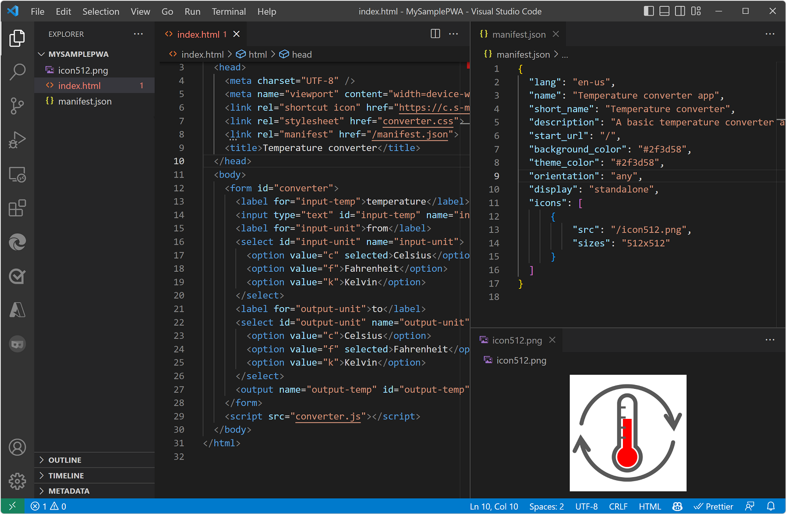 Captura de tela do VS Code mostrando o projeto PWA de exemplo, com os arquivos index.html, manifest.json e ícone